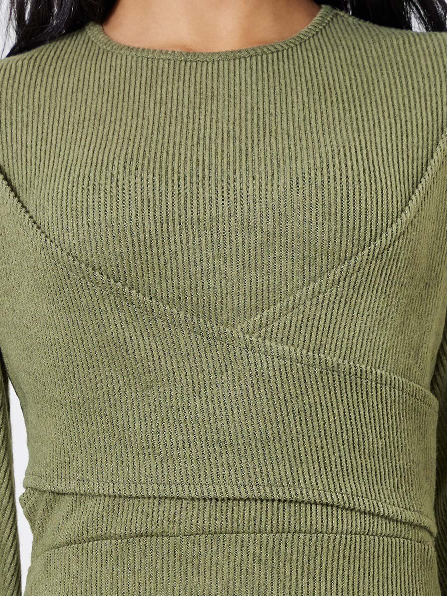 Green Textured Long Sleeves A-Line Maxi Dress