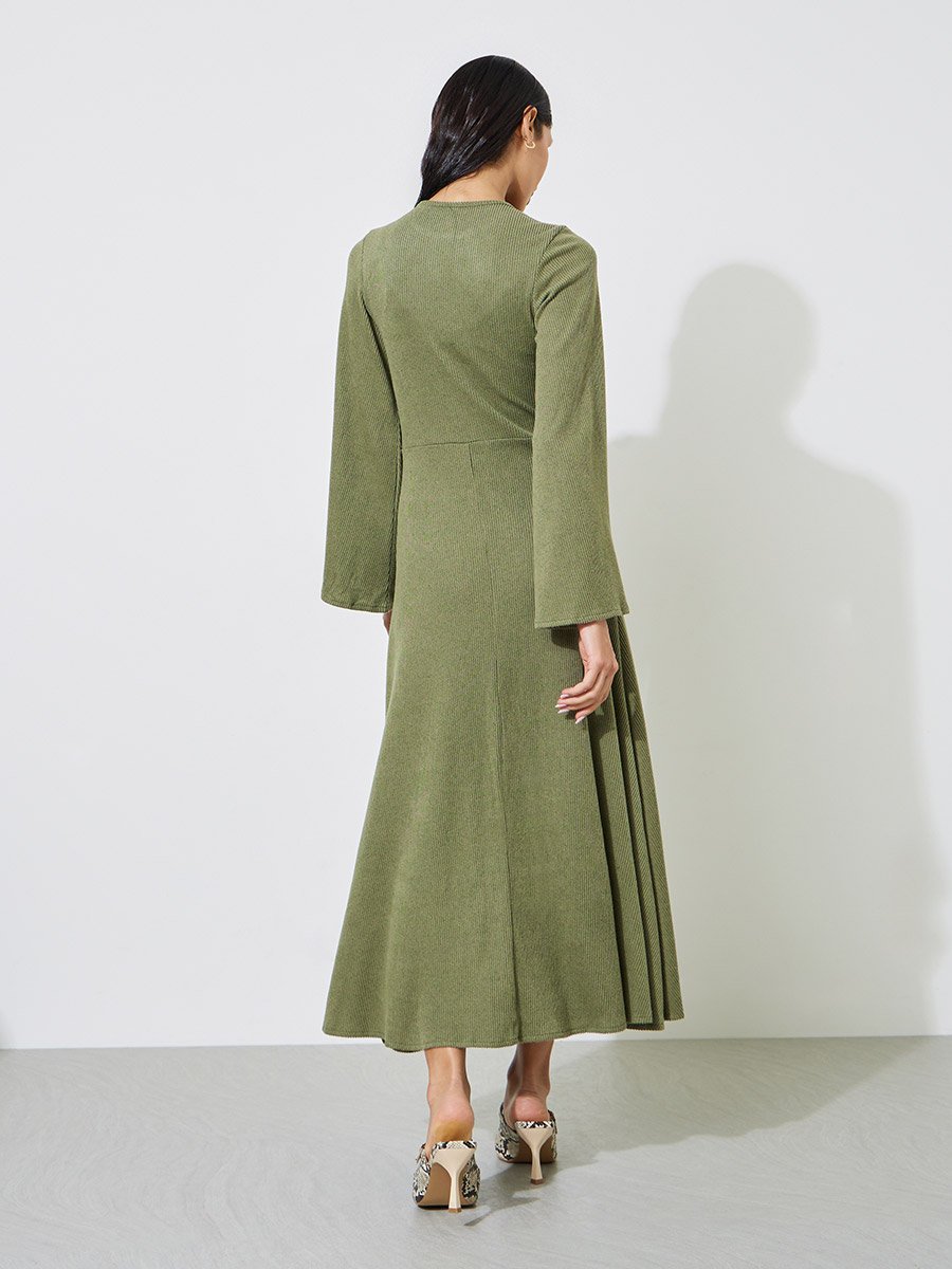 Green Textured Long Sleeves A-Line Maxi Dress