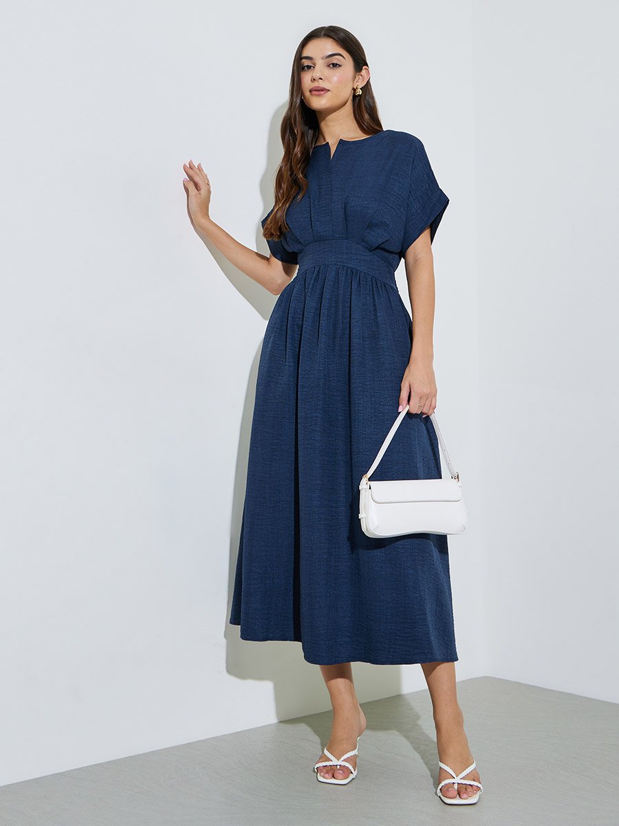 Navy Blue Solid Pocket Detail Cap Sleeves A-Line Maxi Dress