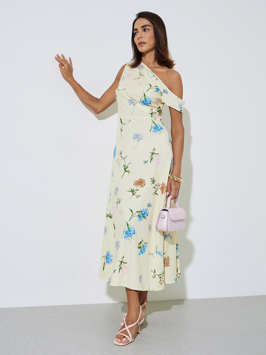 Yellow Floral Print One-Shoulder A-Line Maxi Dress
