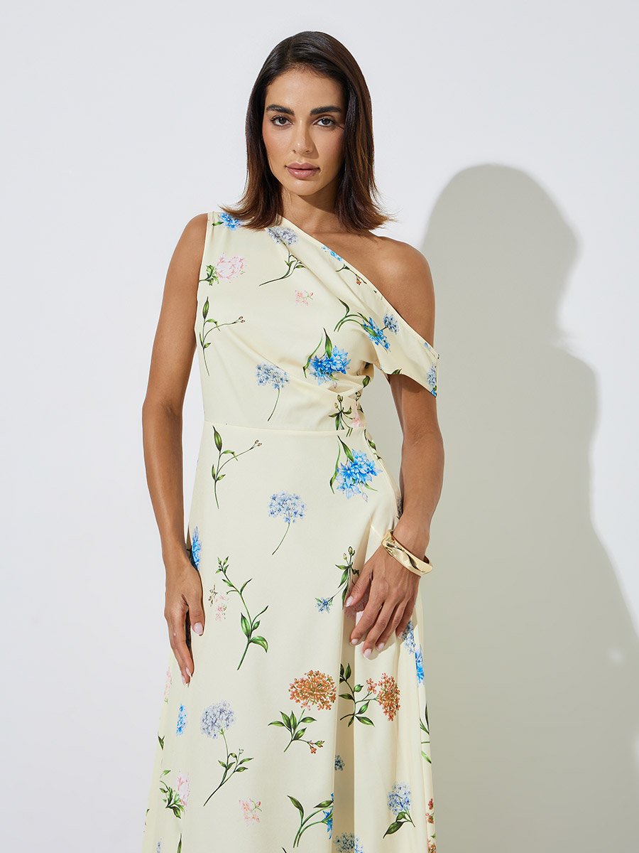 Yellow Floral Print One-Shoulder A-Line Maxi Dress