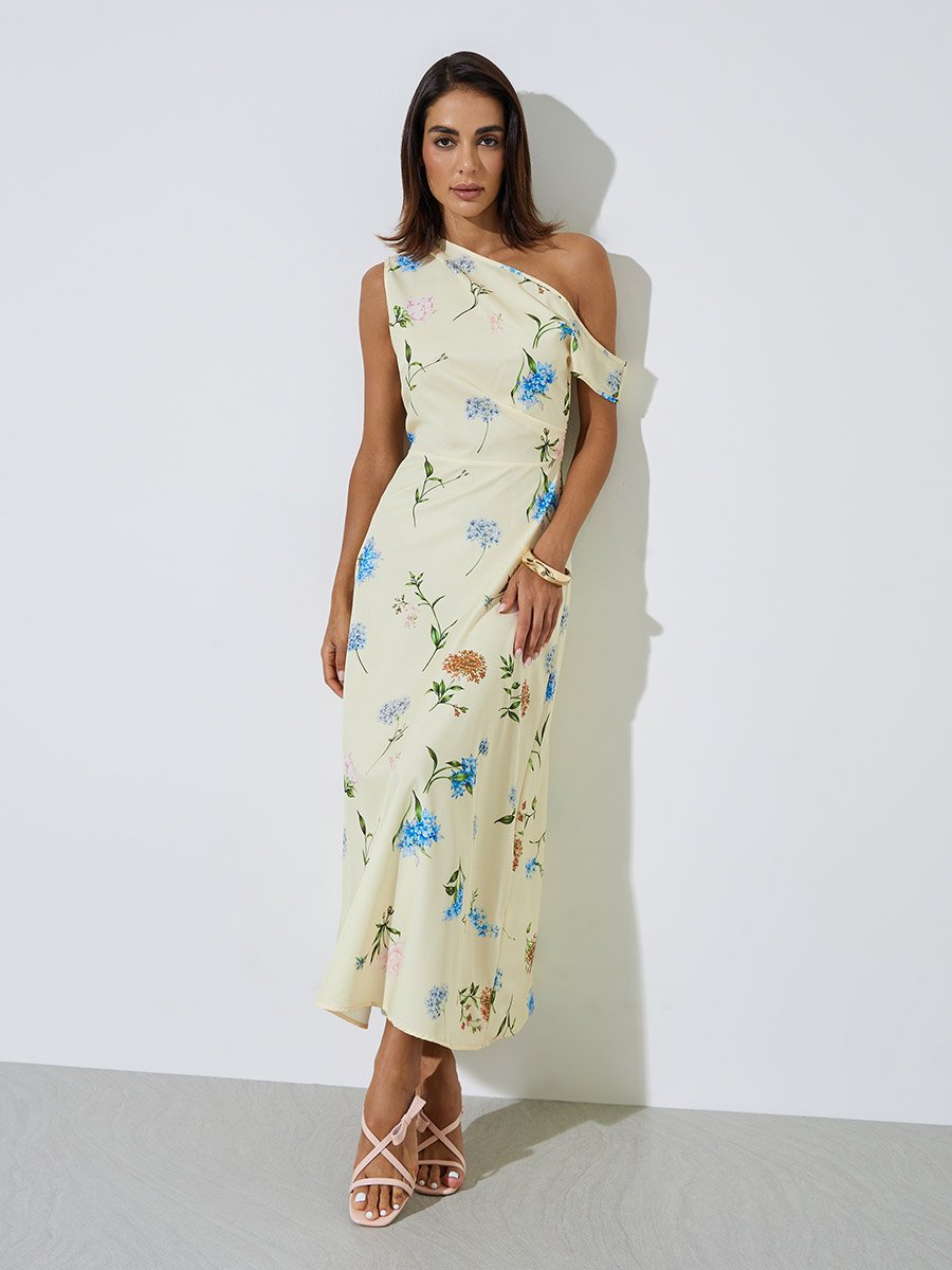 Yellow Floral Print One-Shoulder A-Line Maxi Dress