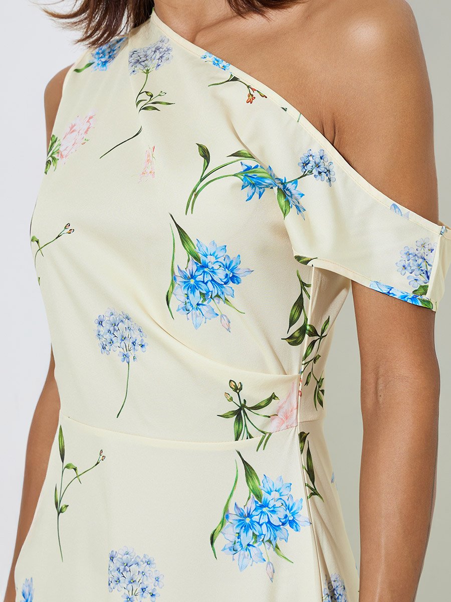 Yellow Floral Print One-Shoulder A-Line Maxi Dress