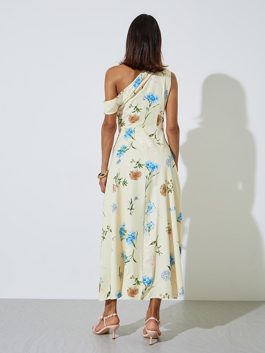 Yellow Floral Print One-Shoulder A-Line Maxi Dress