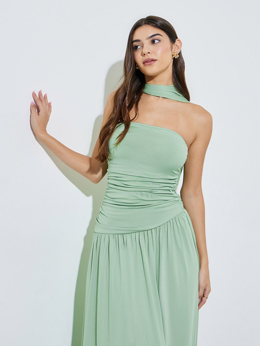 Green Solid Ruched Sleeveless Maxi Dress with Scarf