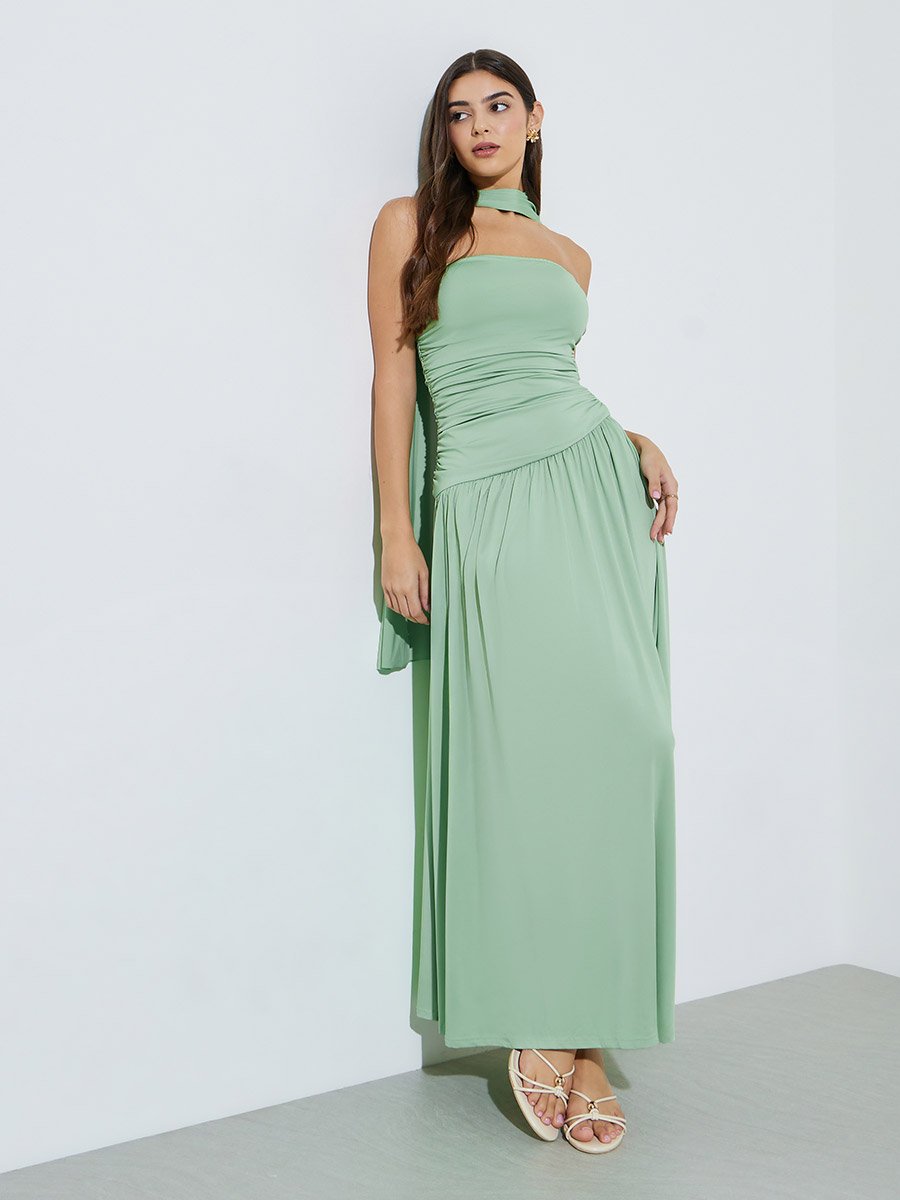Green Solid Ruched Sleeveless Maxi Dress with Scarf