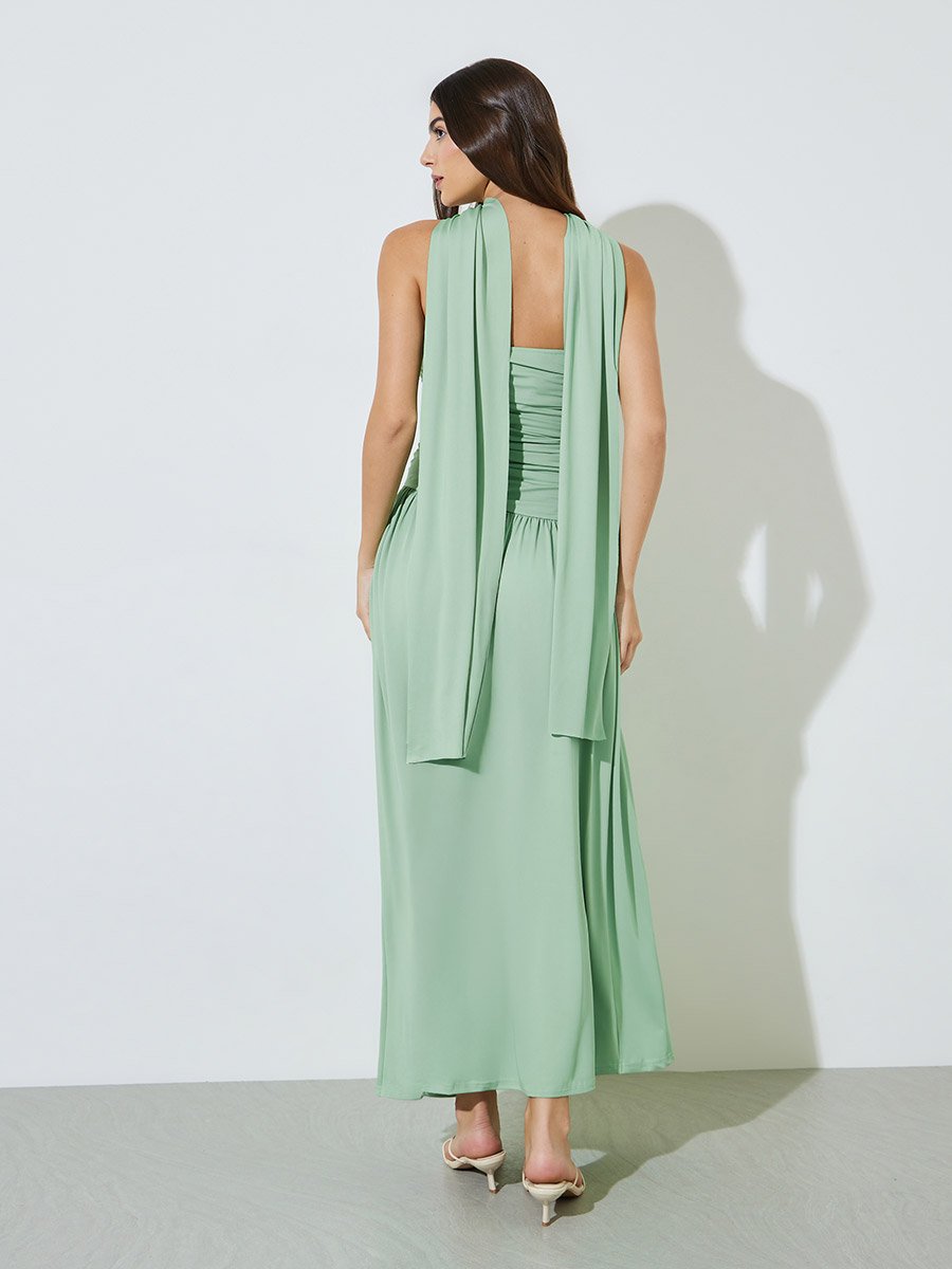 Green Solid Ruched Sleeveless Maxi Dress with Scarf