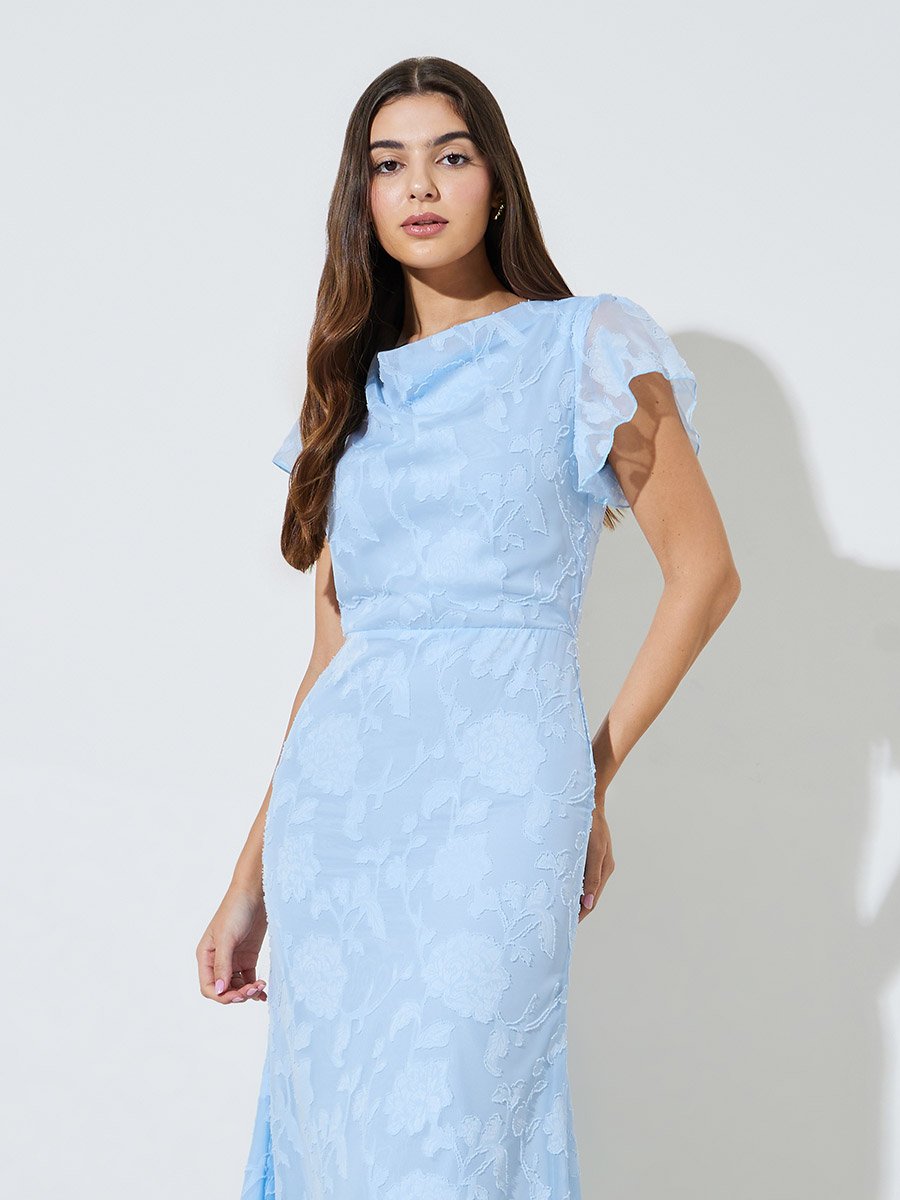 Blue Textured Cowl Neck A-Line Maxi Dress