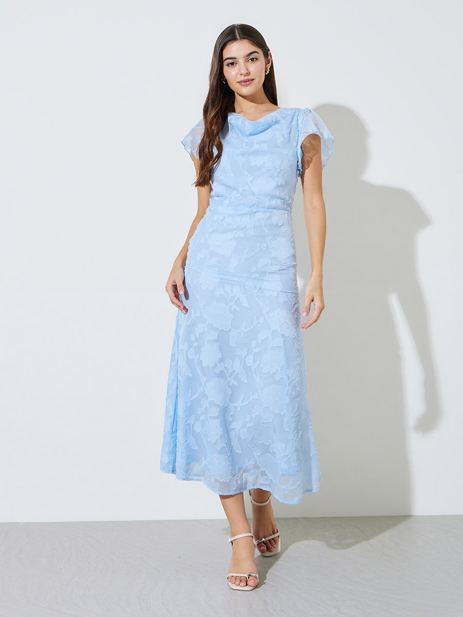 Blue Textured Cowl Neck A-Line Maxi Dress