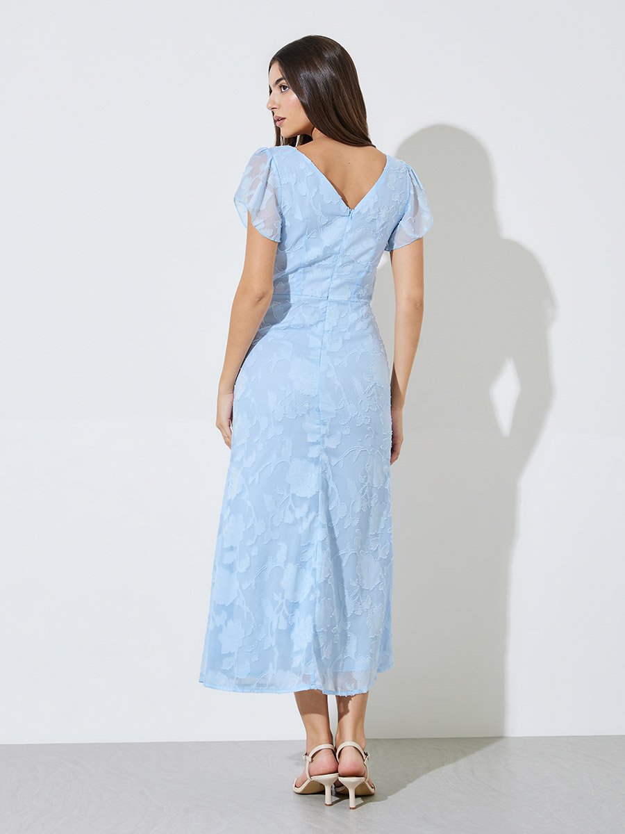 Blue Textured Cowl Neck A-Line Maxi Dress