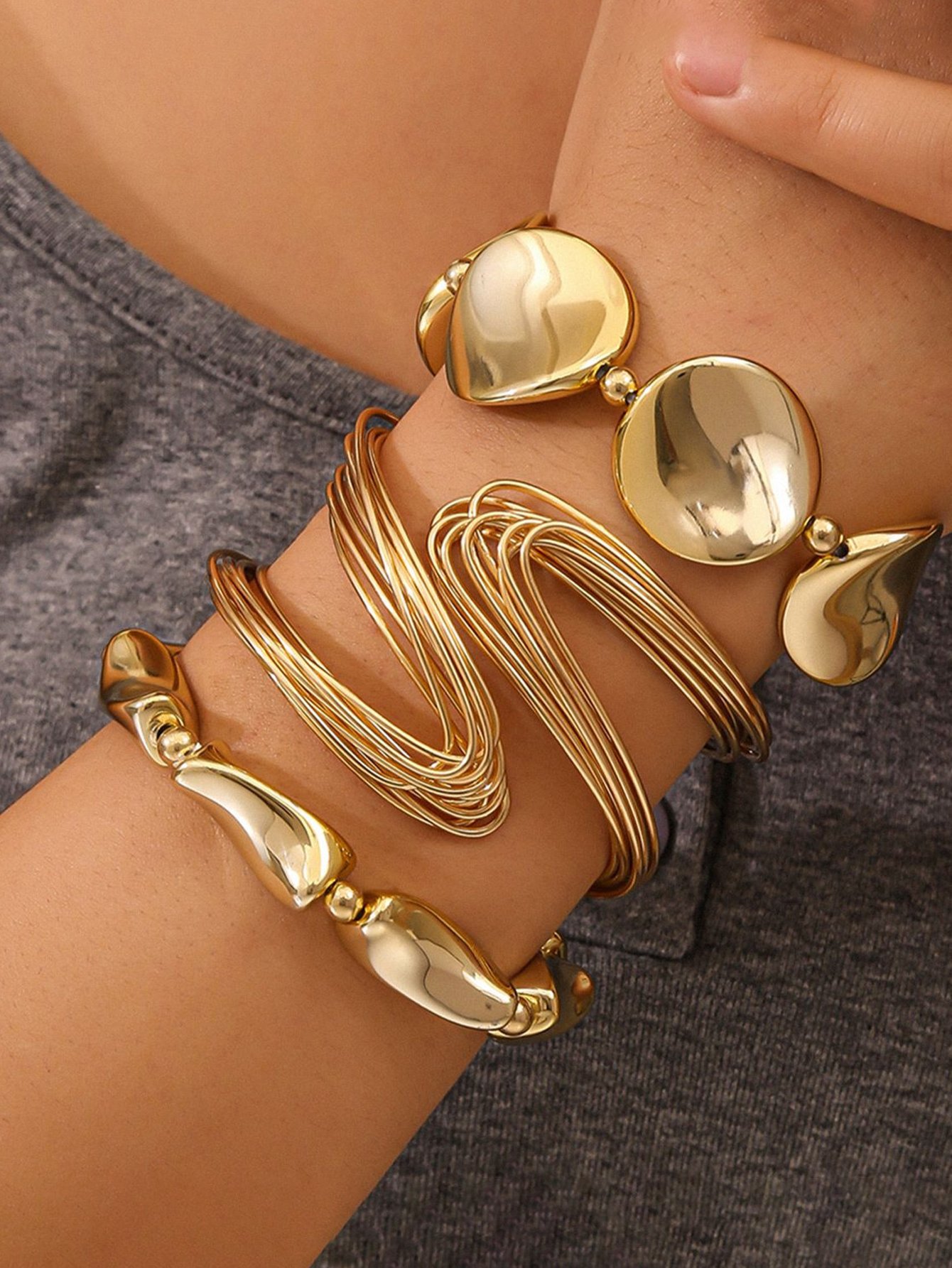 Gold Tone Layered Cuff Bracelet Set - Pack of 3