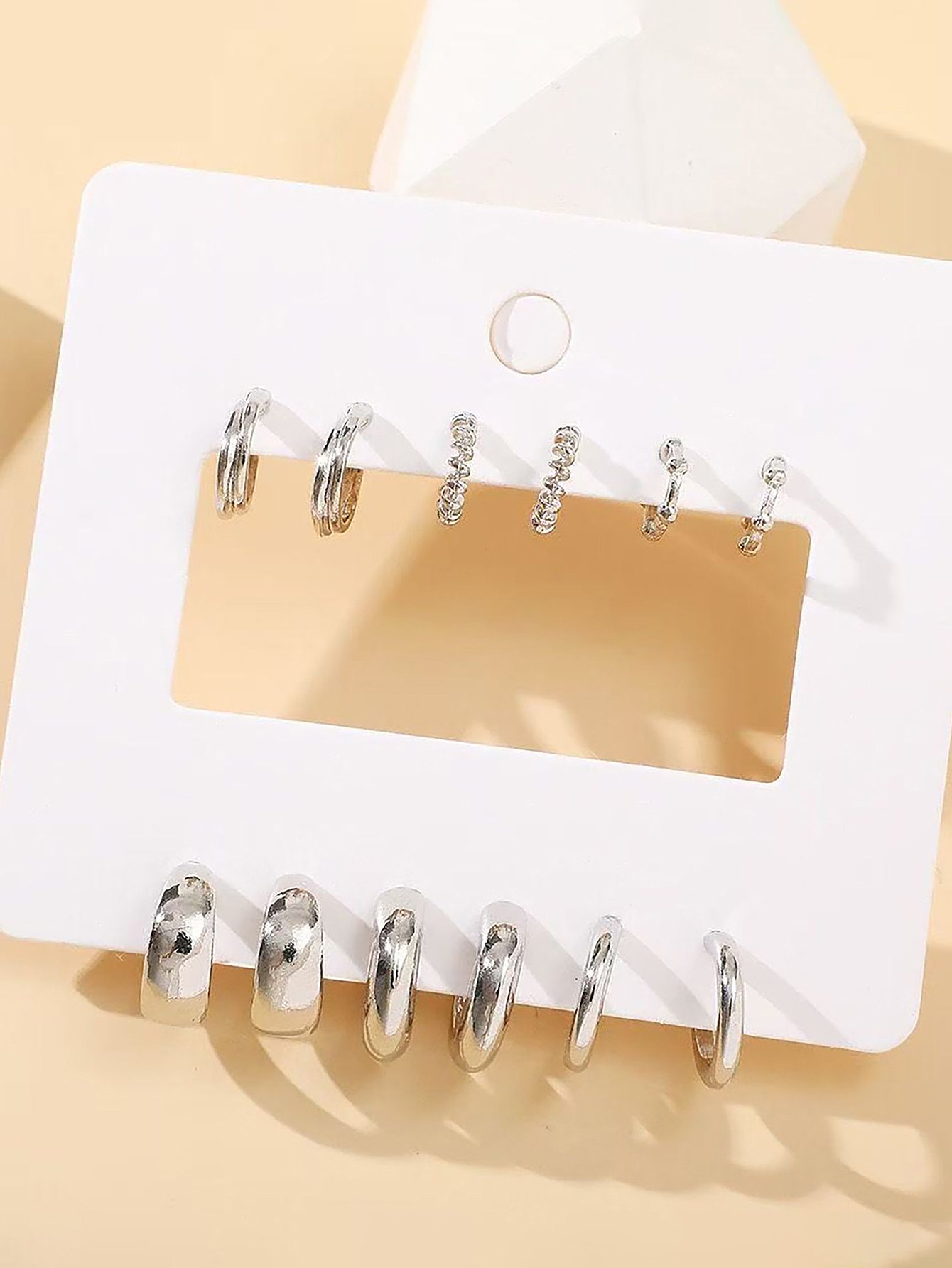 Silver Stud Hoop Earrings Set - 6 Pairs