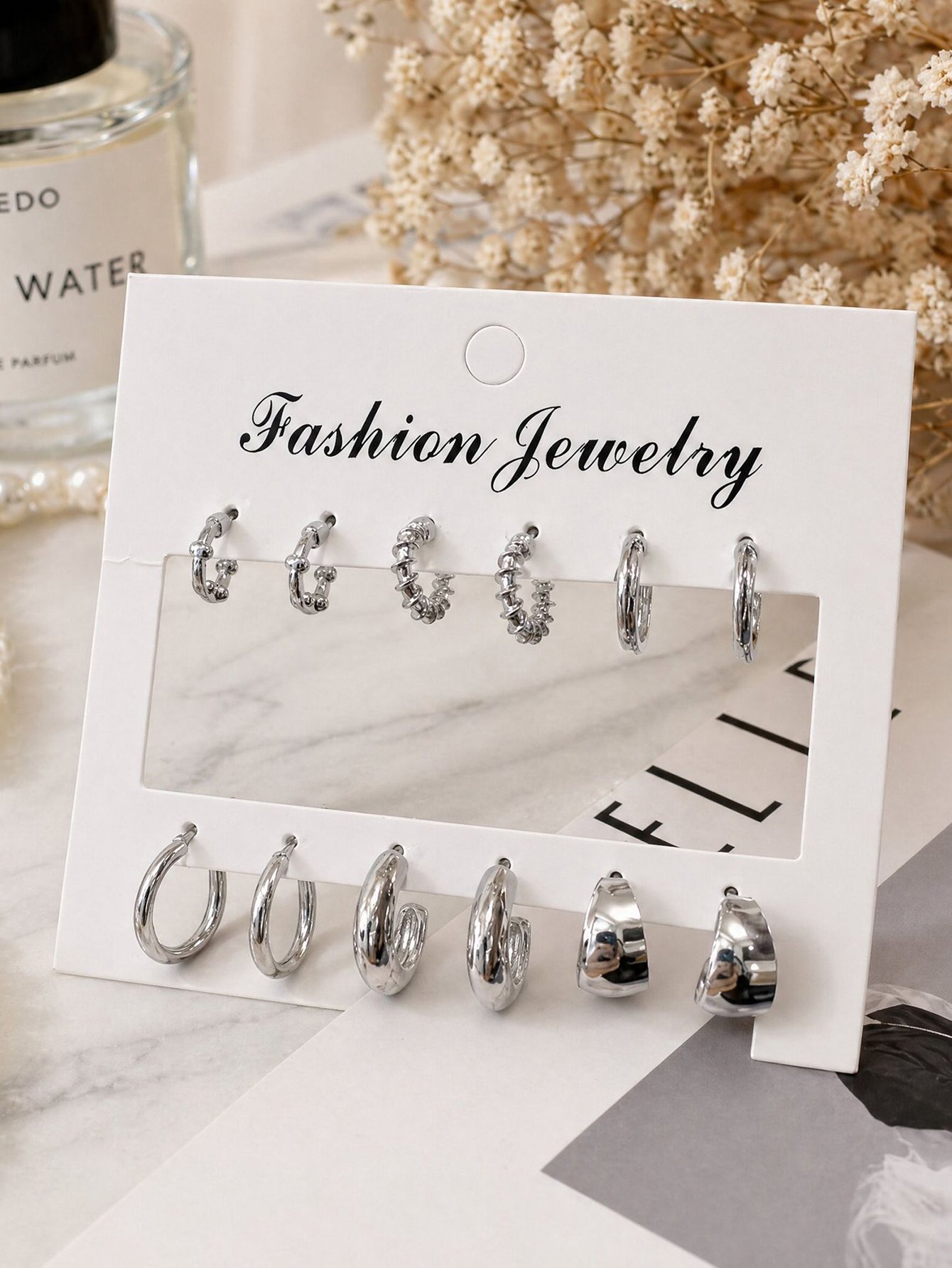 Silver Stud Hoop Earrings Set - 6 Pairs