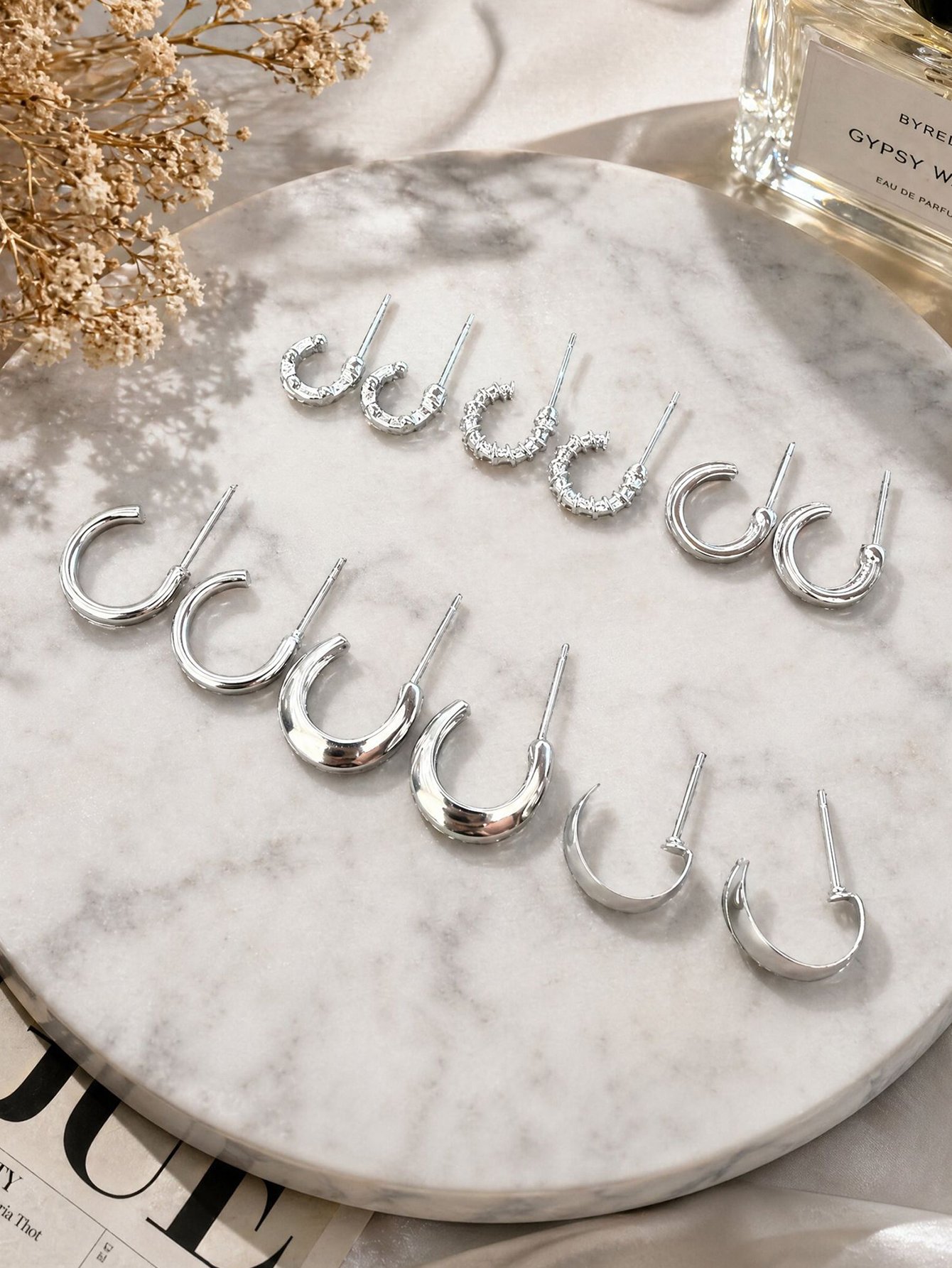 Silver Stud Hoop Earrings Set - 6 Pairs
