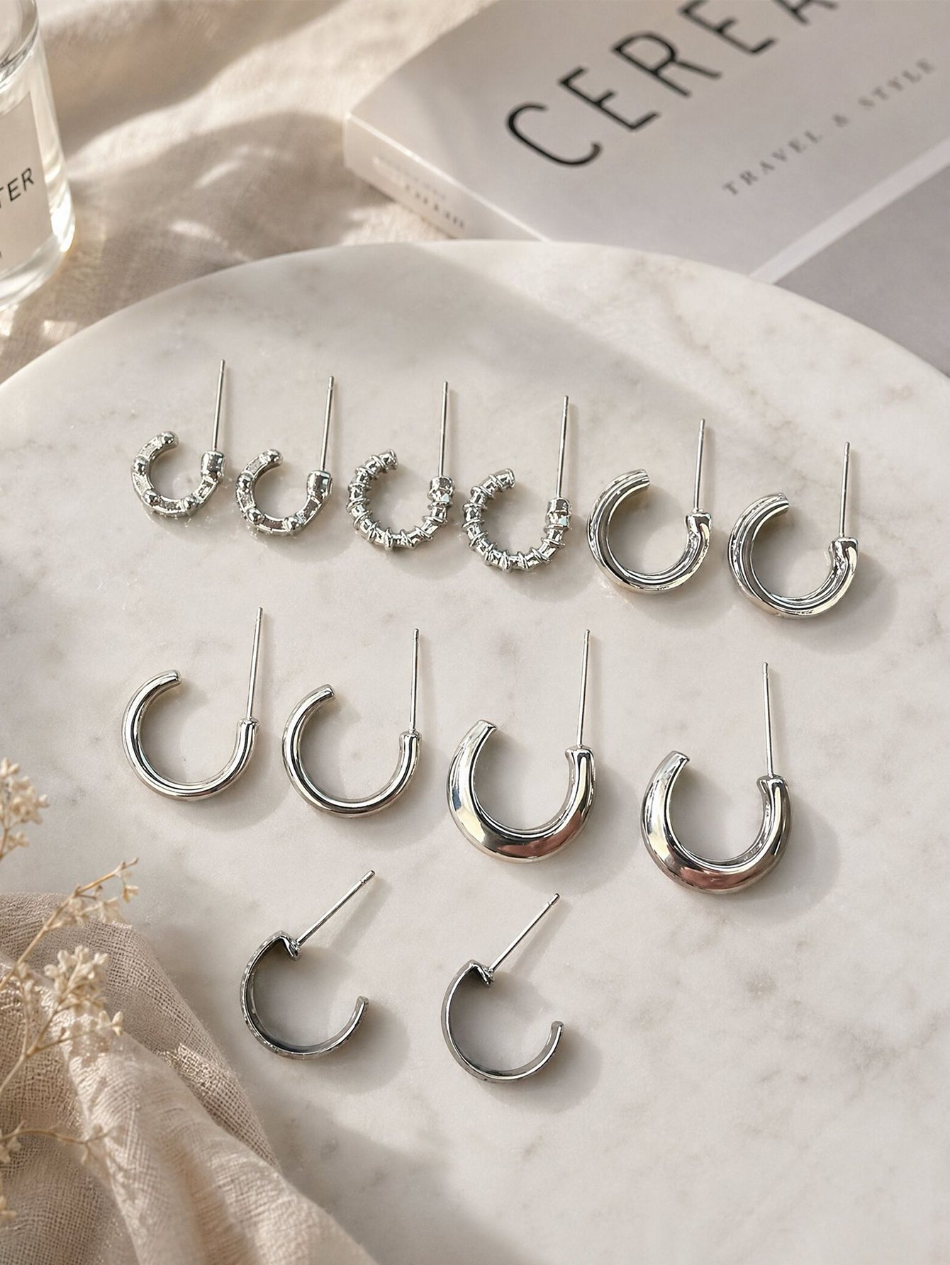 Silver Stud Hoop Earrings Set - 6 Pairs