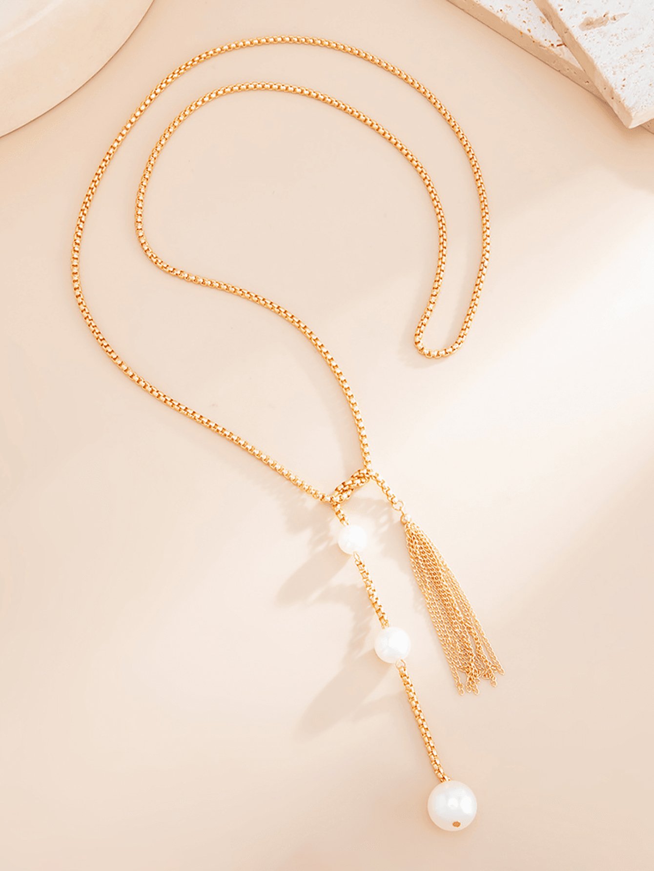 Gold Pearl Y-Lariat Necklace