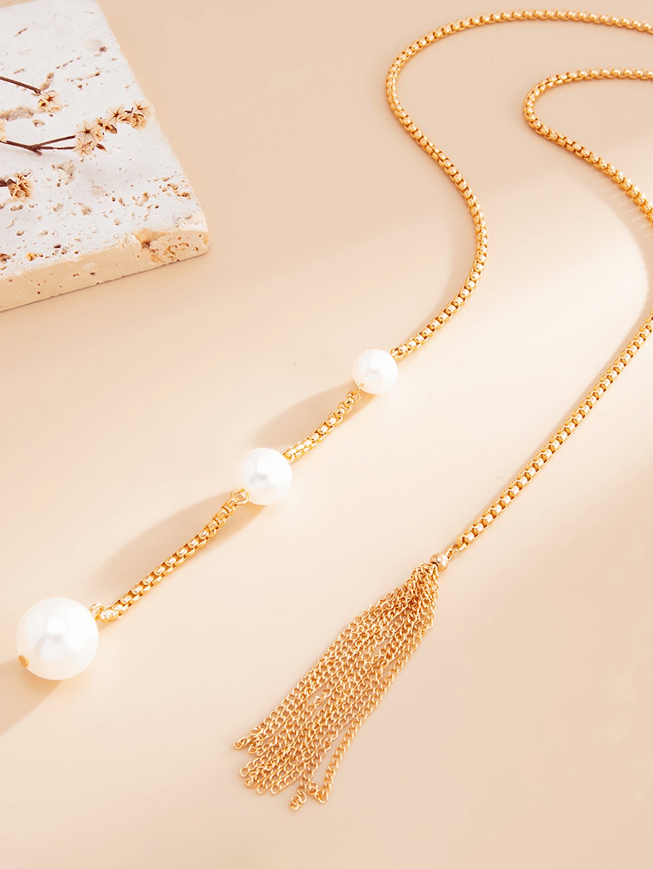 Gold Pearl Y-Lariat Necklace