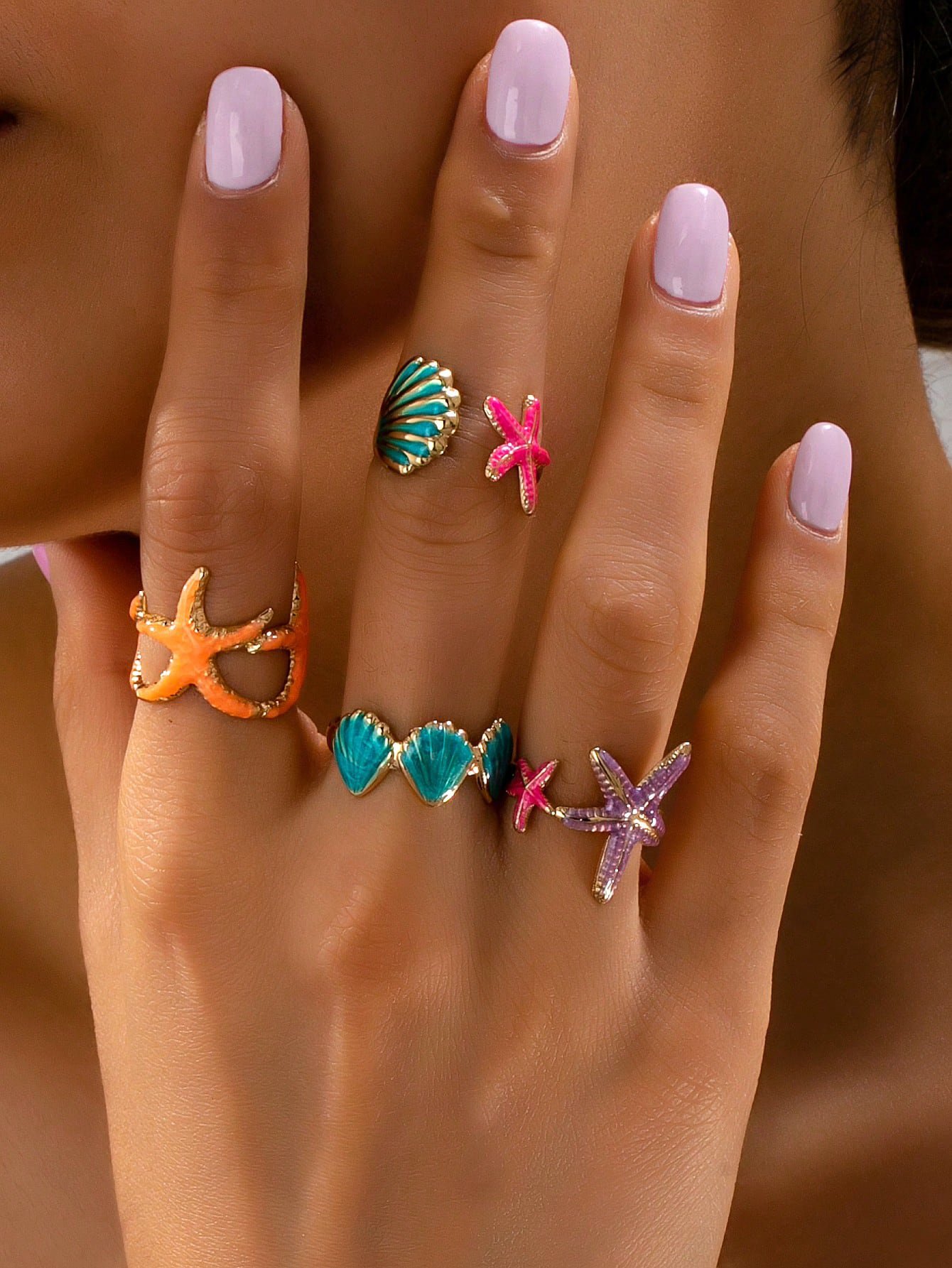 Multi-Colored Starfish and Seashell Rings Set