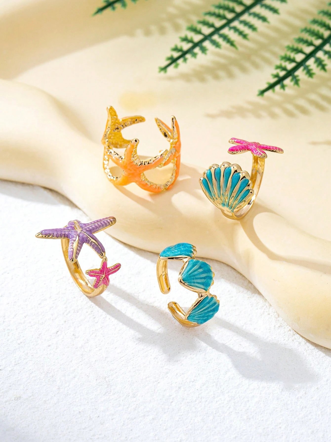 Multi-Colored Starfish and Seashell Rings Set