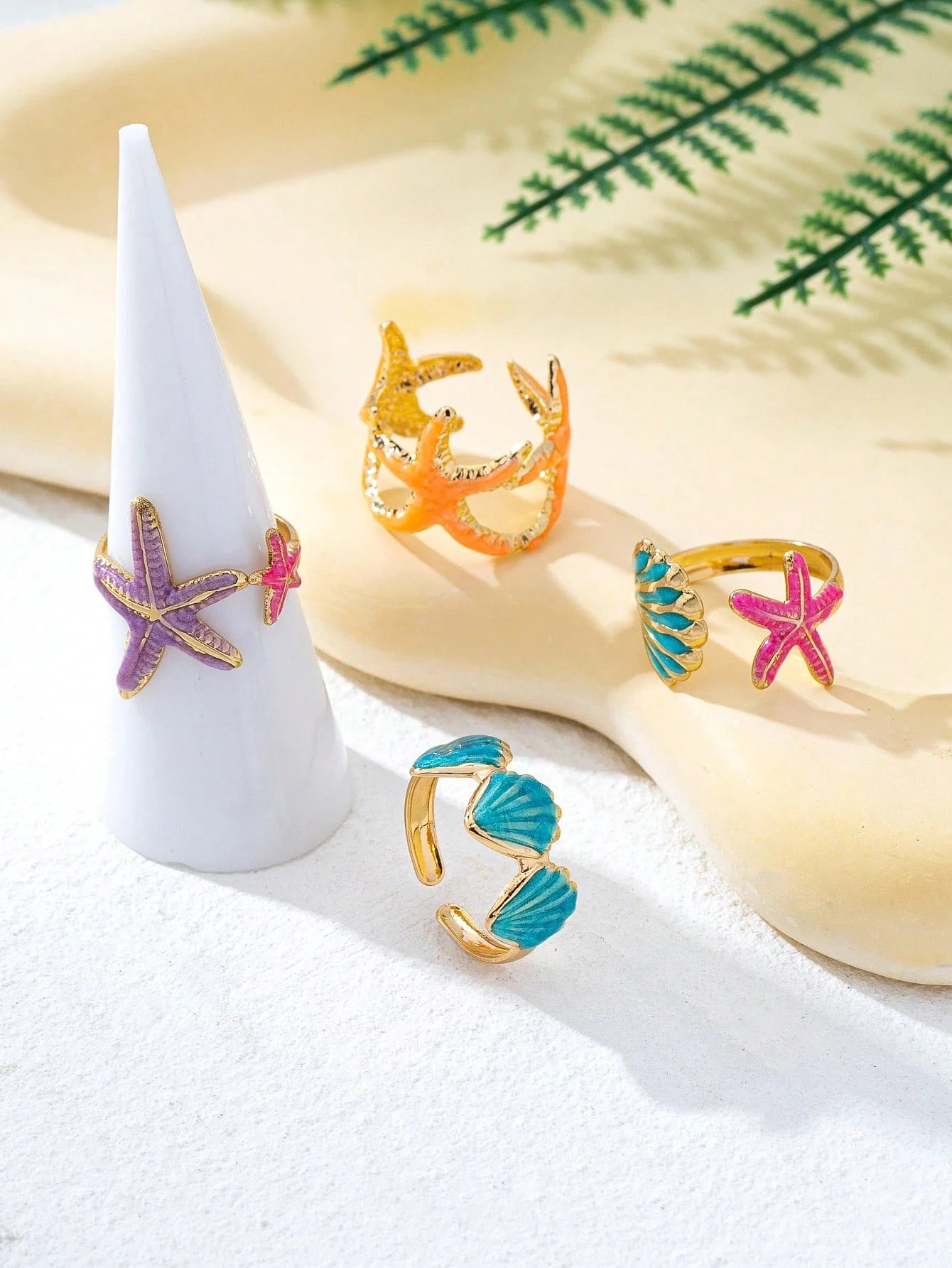 Multi-Colored Starfish and Seashell Rings Set