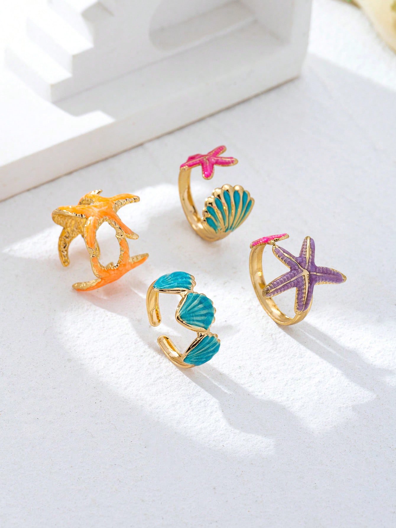 Multi-Colored Starfish and Seashell Rings Set