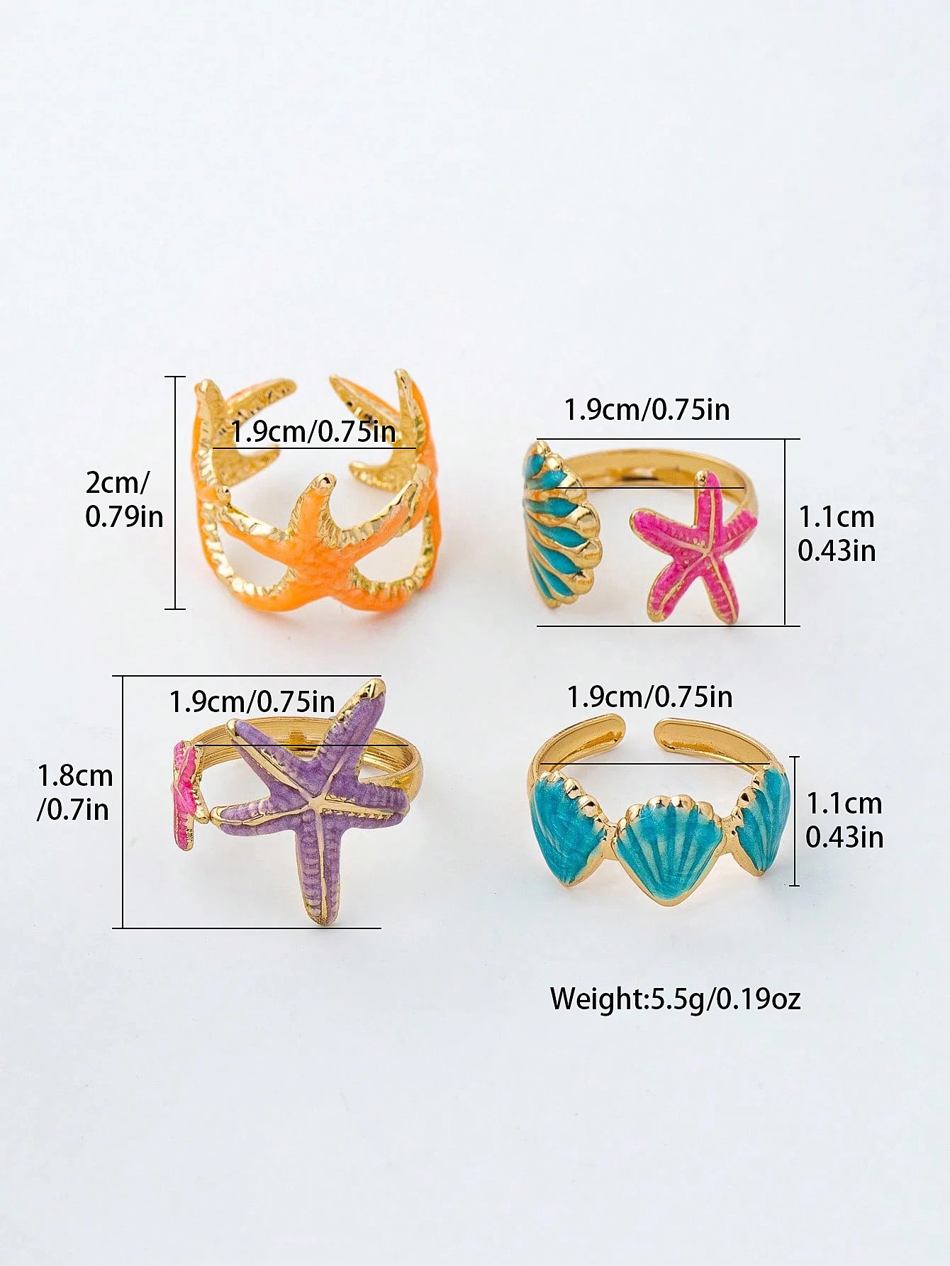 Multi-Colored Starfish and Seashell Rings Set