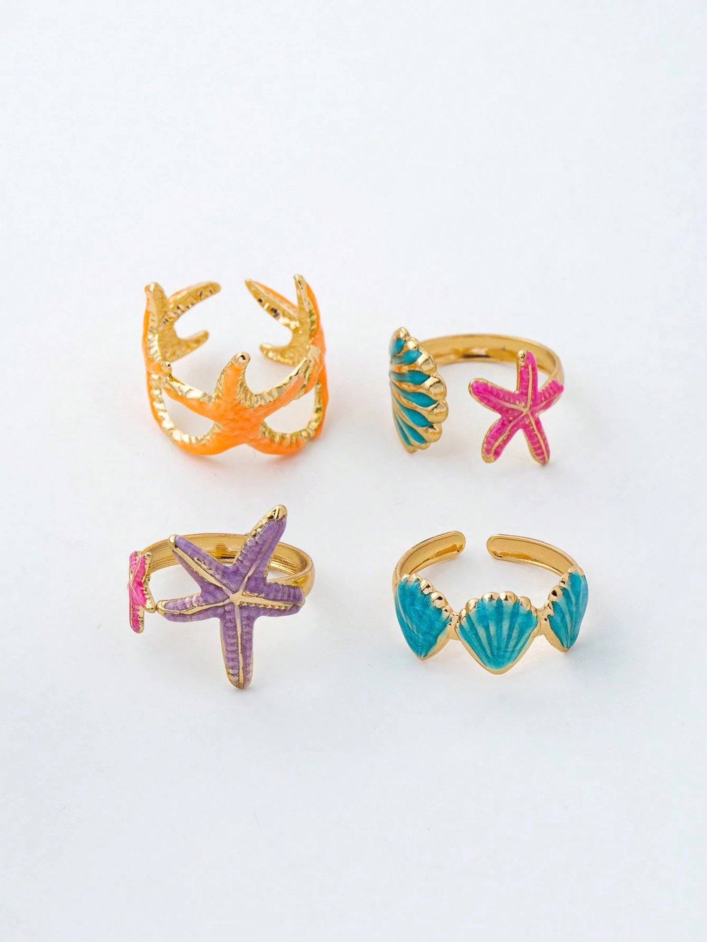 Multi-Colored Starfish and Seashell Rings Set