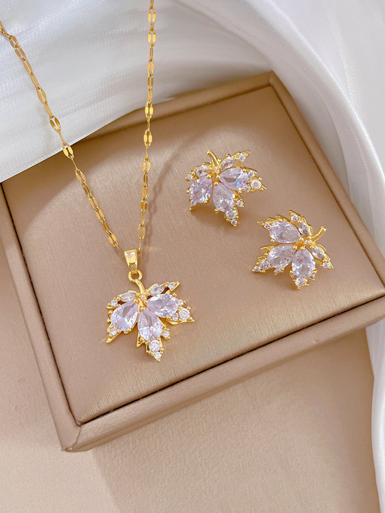 Gold Plated Maple Leaf Rhinestone Necklace and Earring Set