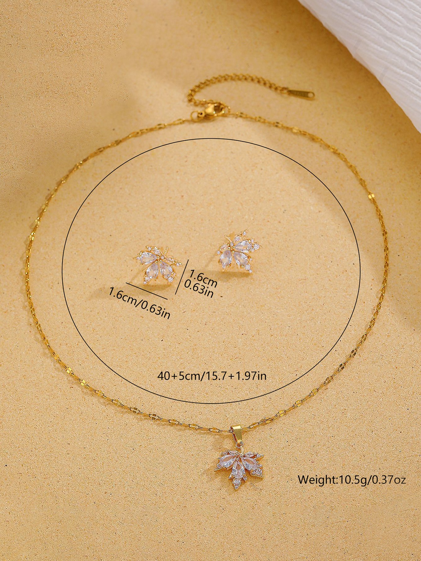 Gold Plated Maple Leaf Rhinestone Necklace and Earring Set