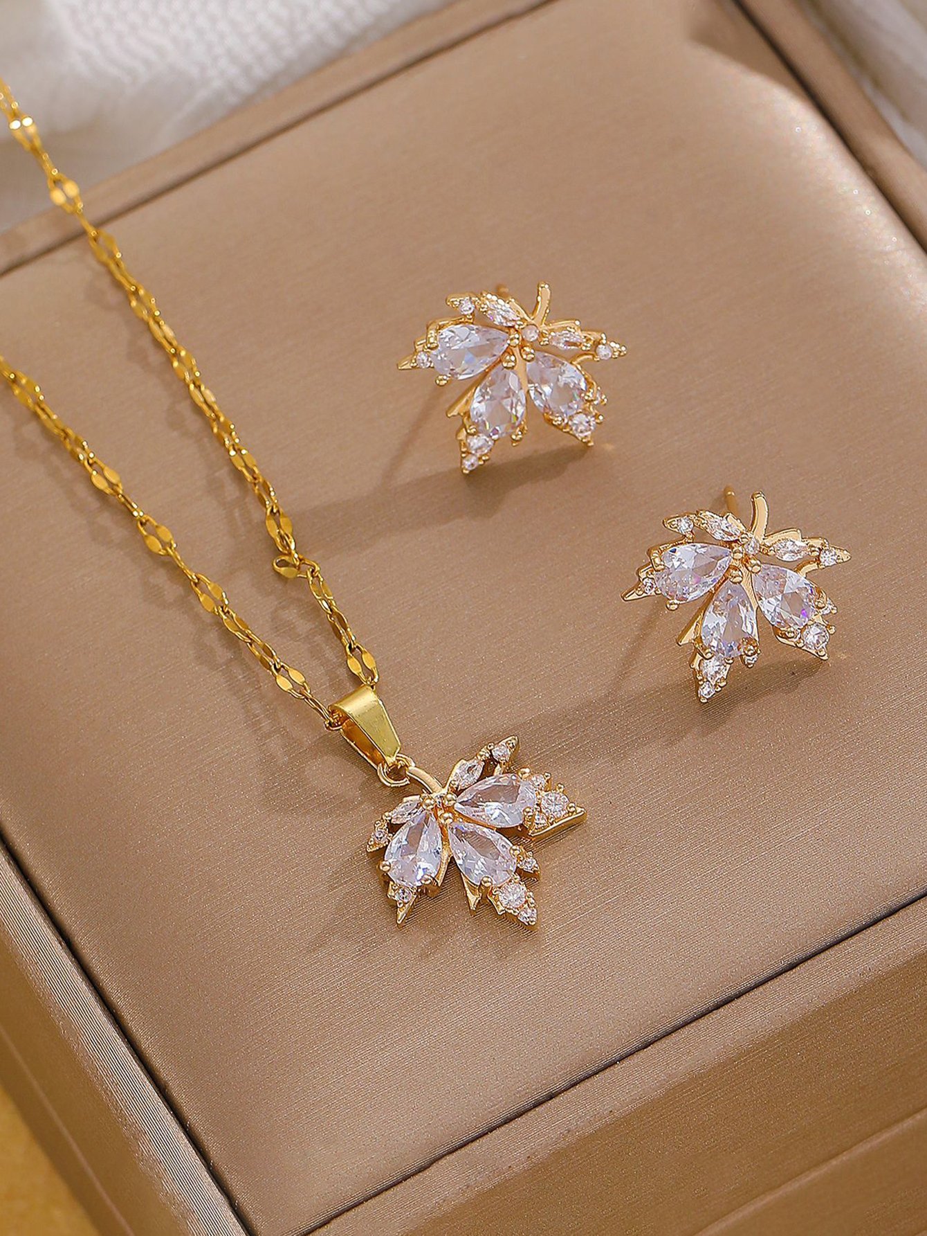 Gold Plated Maple Leaf Rhinestone Necklace and Earring Set