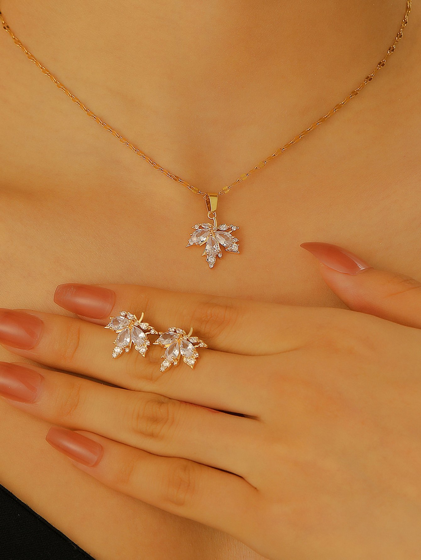 Gold Plated Maple Leaf Rhinestone Necklace and Earring Set