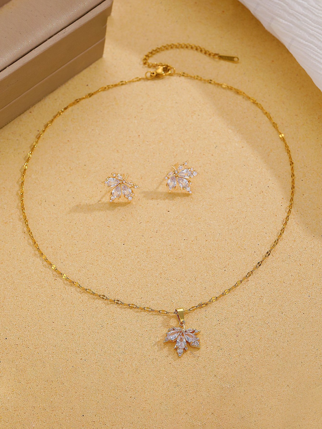 Gold Plated Maple Leaf Rhinestone Necklace and Earring Set
