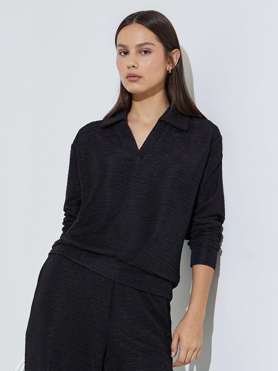 Black Textured Open Collar Knit Top