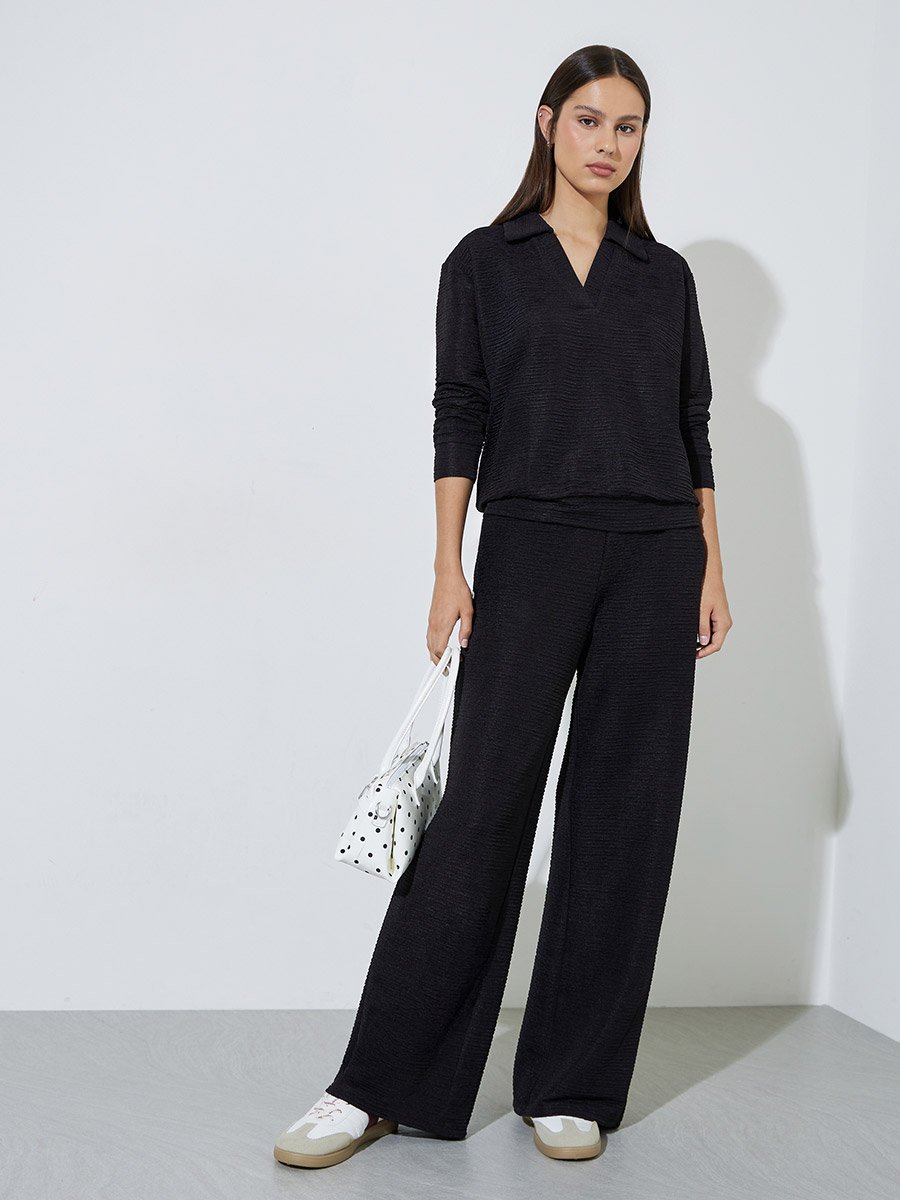 Black Textured Open Collar Knit Top