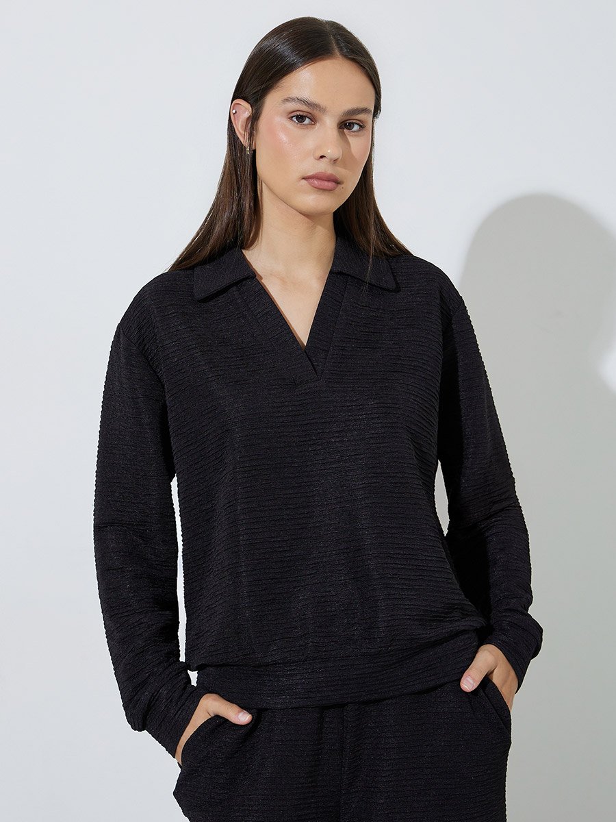 Black Textured Open Collar Knit Top