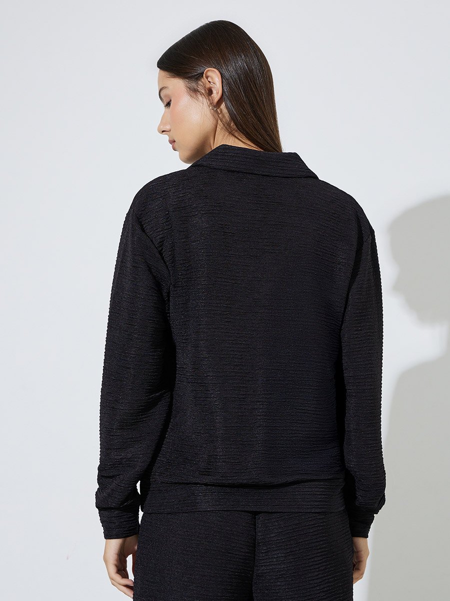 Black Textured Open Collar Knit Top