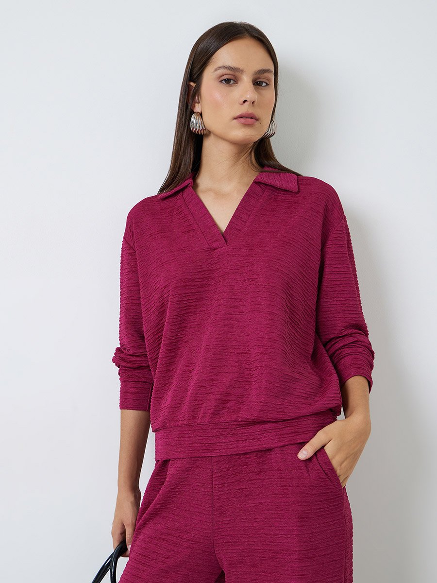 Burgundy Textured Open Collar Knit Top