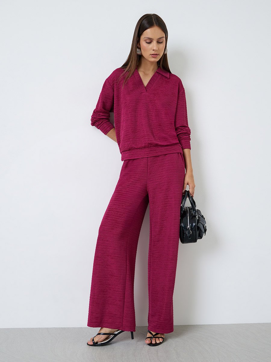 Burgundy Textured Open Collar Knit Top