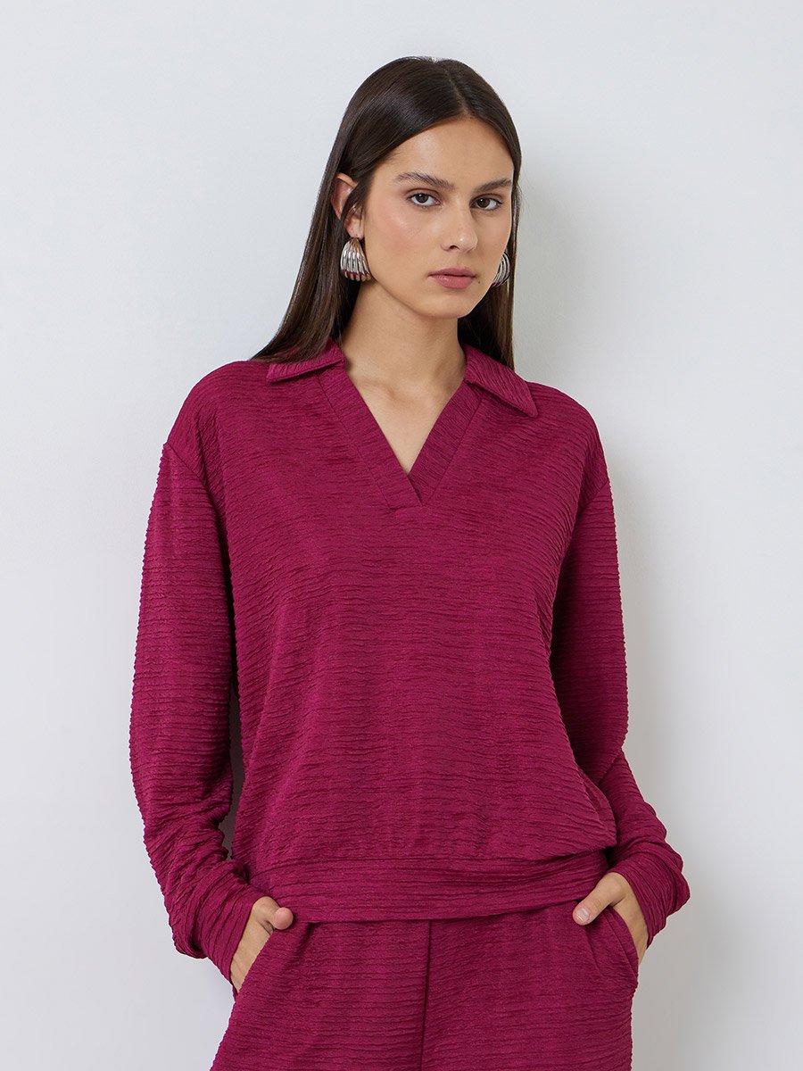 Burgundy Textured Open Collar Knit Top