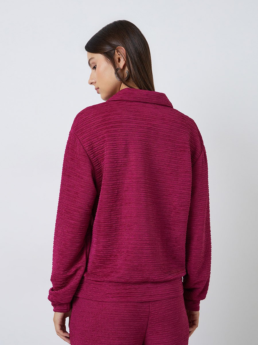 Burgundy Textured Open Collar Knit Top