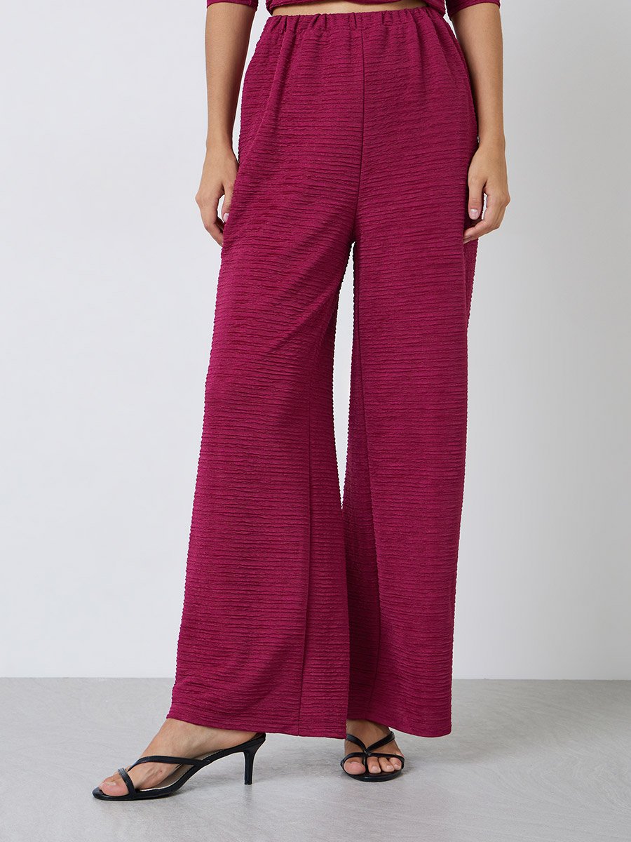 Burgundy Textured Wide Leg Pants