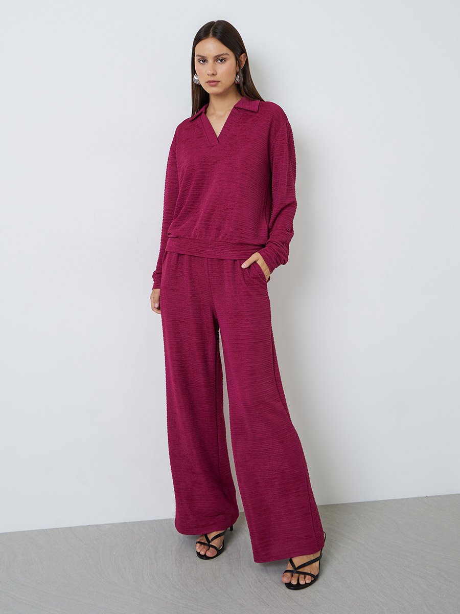 Burgundy Textured Wide Leg Pants