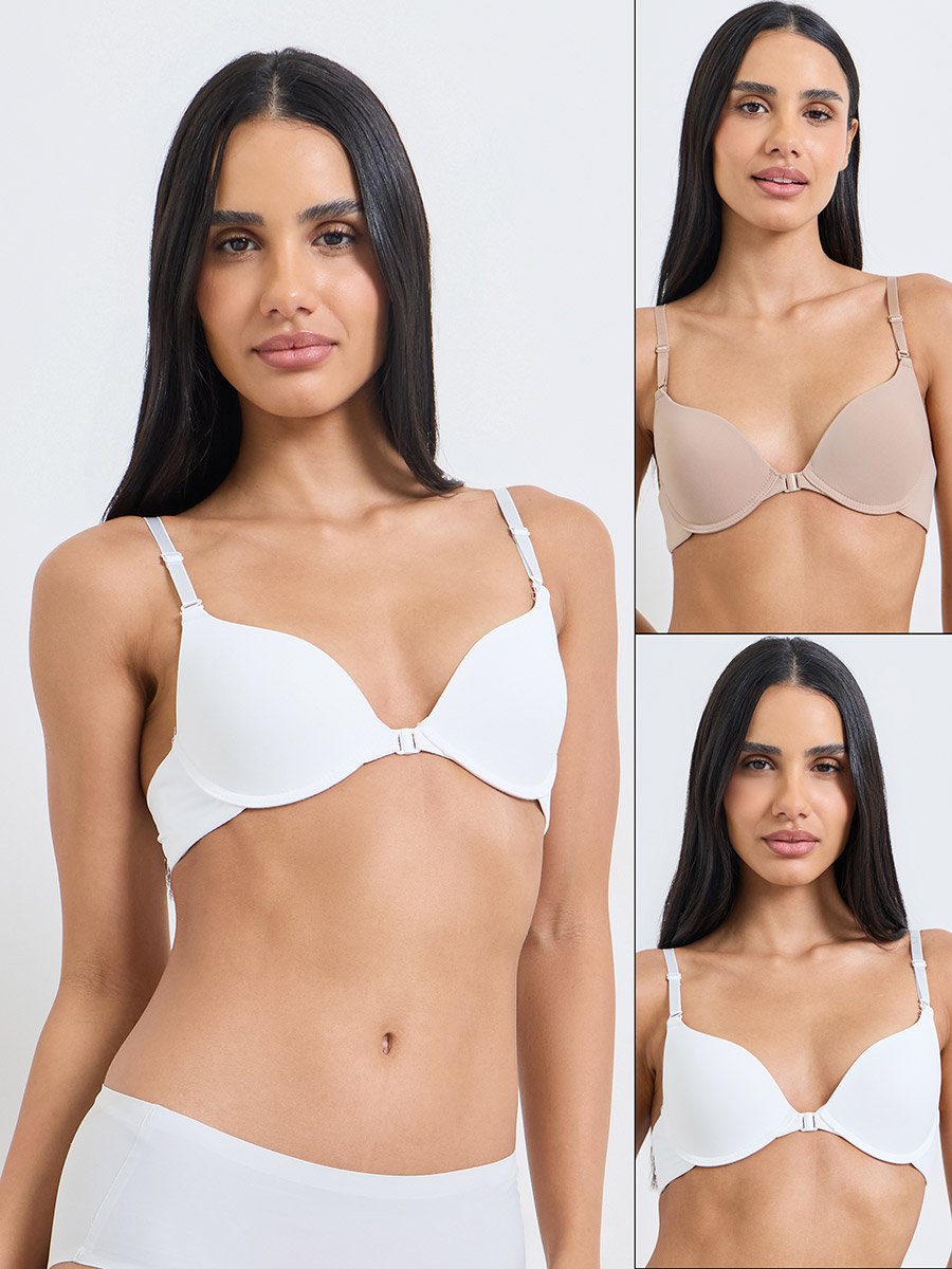 Pack of 2 - Padded Wired Front Clasp Plunge Bra