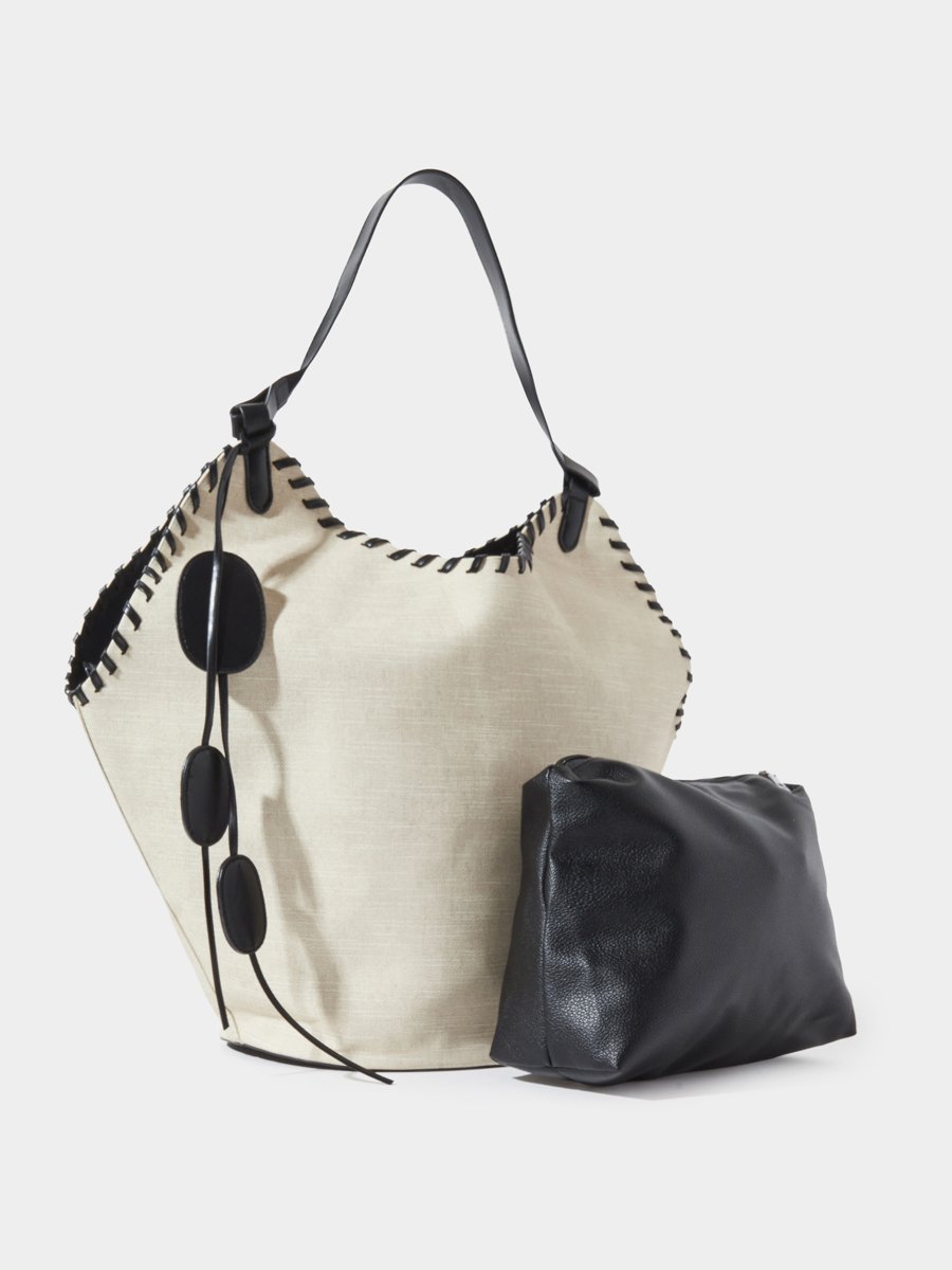 Black Stitch Detail Canvas Tote Bag with A Pouch