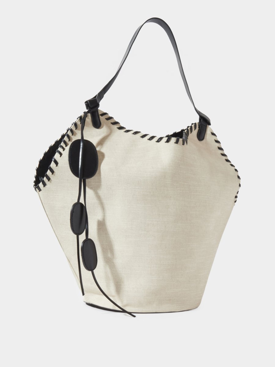 Black Stitch Detail Canvas Tote Bag with A Pouch