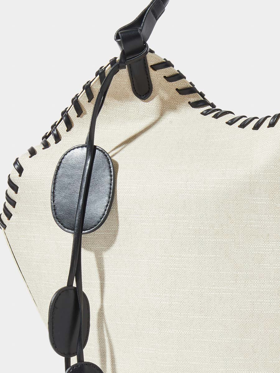 Black Stitch Detail Canvas Tote Bag with A Pouch