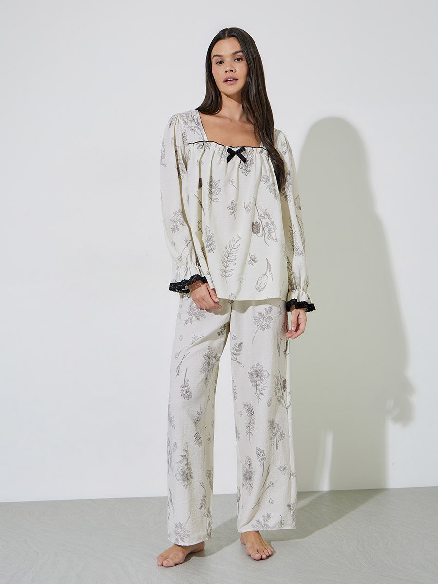 Cream Sketchy Floral Gather Detail Top and Straight Pyjama Set