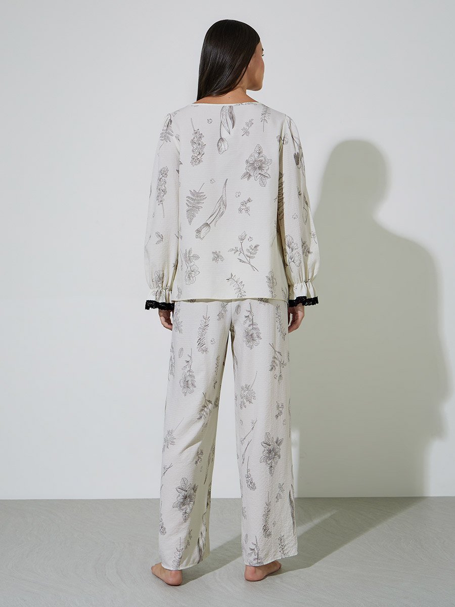Cream Sketchy Floral Gather Detail Top and Straight Pyjama Set