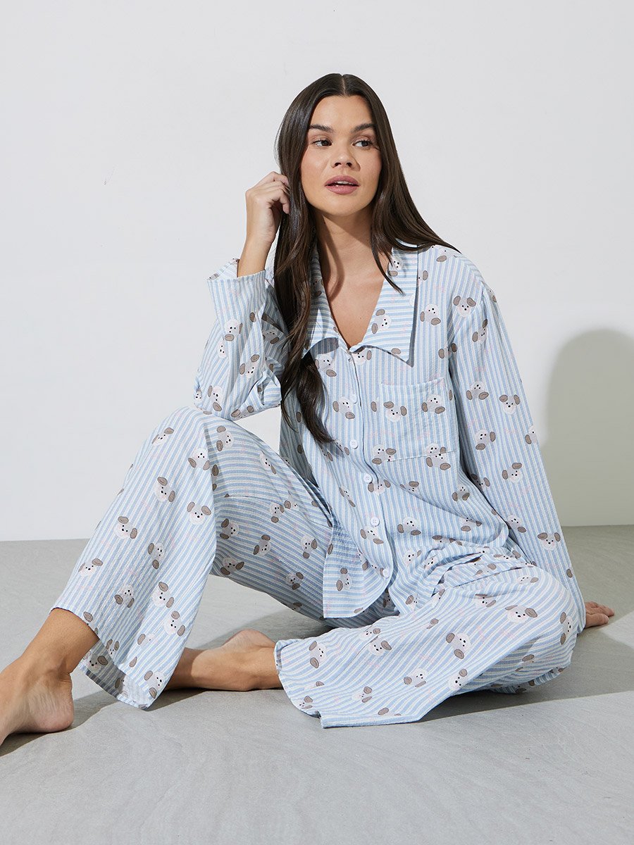 Blue Striped Bear Print Shirt and Straight Pyjama Set