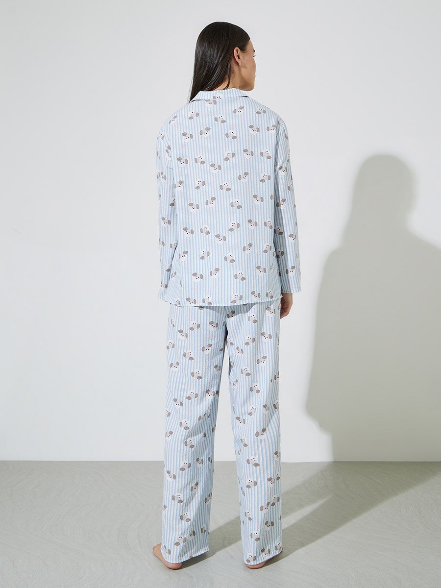 Blue Striped Bear Print Shirt and Straight Pyjama Set